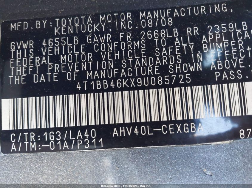 2009 Toyota Camry Hybrid VIN: 4T1BB46KX9U085725 Lot: 43577898