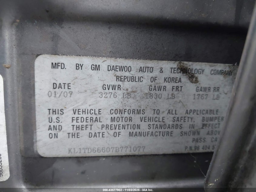 2007 Chevrolet Aveo 5 Special Value VIN: KL1TD66607B771077 Lot: 43577902
