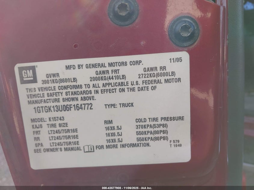 2006 GMC Sierra 1500Hd Sle2 VIN: 1GTGK13U06F164772 Lot: 43577908