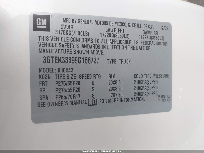 2009 GMC Sierra 1500 Slt VIN: 3GTEK33399G166727 Lot: 43577919