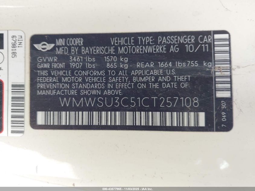 2012 Mini Cooper VIN: WMWSU3C51CT257108 Lot: 43577965