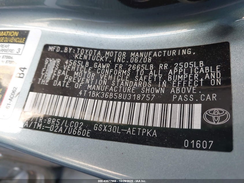 4T1BK36B58U318757 2008 TOYOTA AVALON photo no. 9