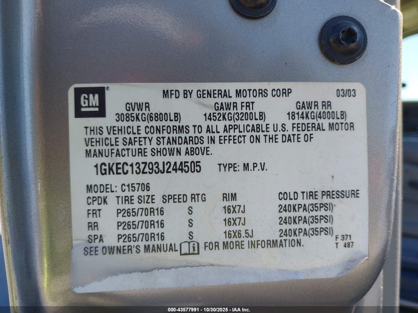 2003 GMC Yukon Slt VIN: 1GKEC13Z93J244505 Lot: 43577991