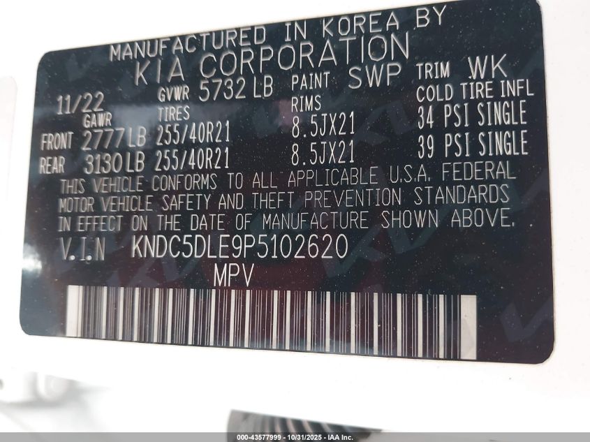 2023 Kia Ev6 Gt VIN: KNDC5DLE9P5102620 Lot: 43577999