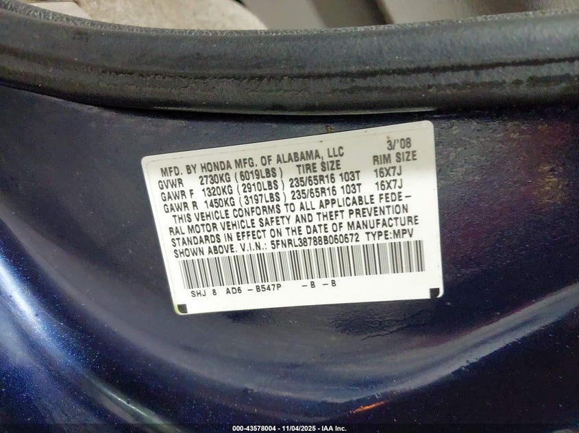 5FNRL38788B060672 2008 HONDA ODYSSEY photo no. 9