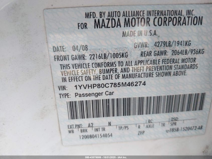 2008 Mazda Mazda6 I Sport Ve VIN: 1YVHP80C785M46274 Lot: 43578006