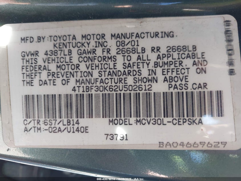 4T1BF30K62U502612 2002 TOYOTA CAMRY photo no. 9