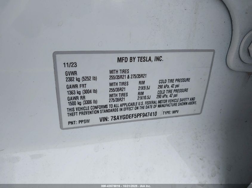2023 Tesla Model Y Performance Dual Motor All-Wheel Drive VIN: 7SAYGDEF5PF947410 Lot: 43578016