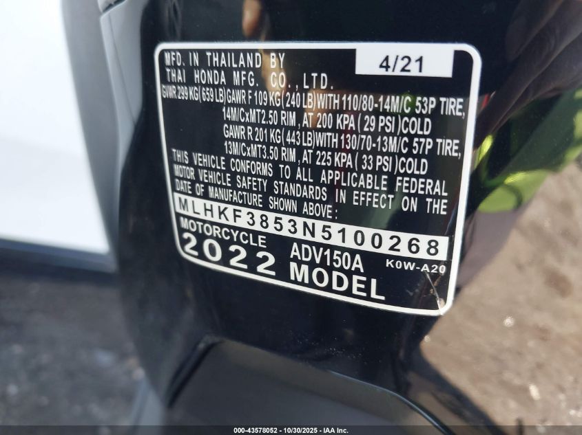 2022 Honda Adv150 A VIN: MLHKF3853N5100268 Lot: 43578052