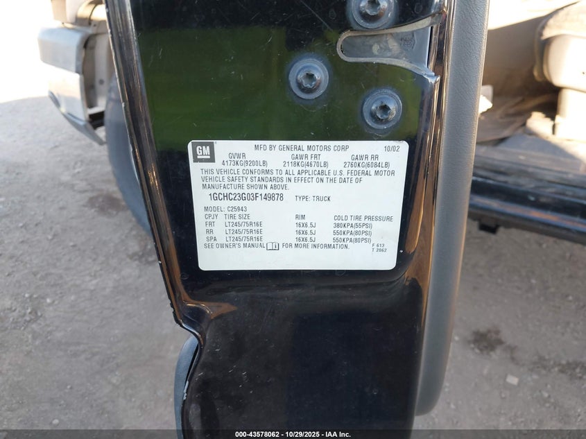 2003 Chevrolet Silverado 2500Hd Ls VIN: 1GCHC23G03F149878 Lot: 43578062