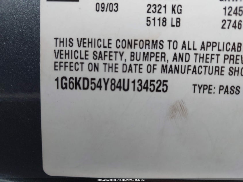 2004 Cadillac Deville VIN: 1G6KD54Y84U134525 Lot: 43578063