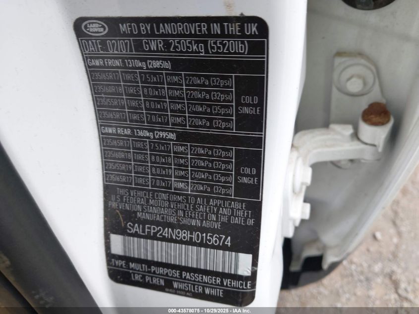 2008 Land Rover Lr2 Se VIN: SALFP24N98H015674 Lot: 43578075