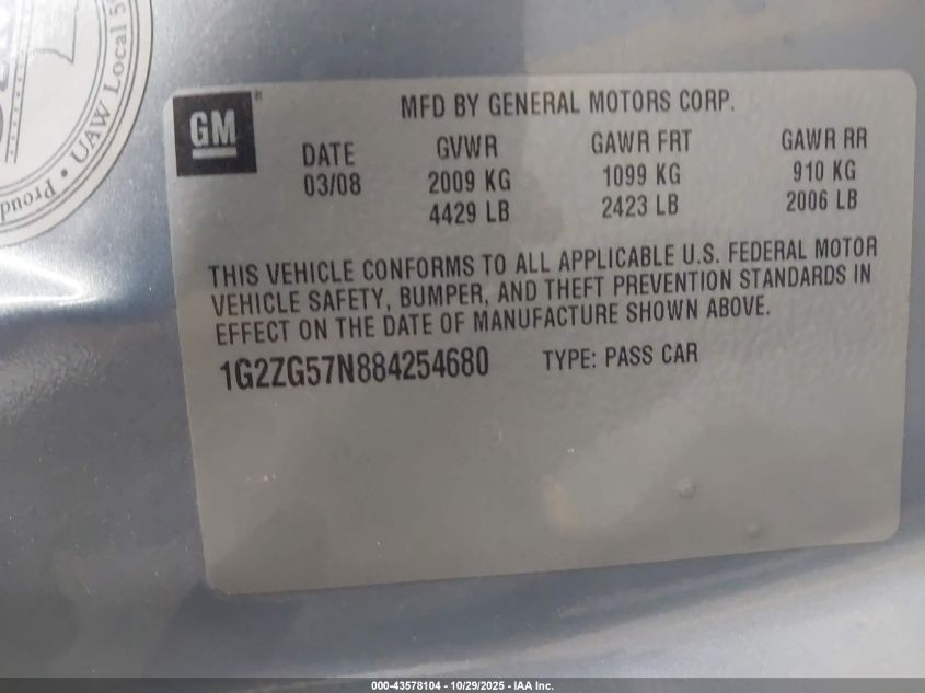 2008 Pontiac G6 VIN: 1G2ZG57N884254680 Lot: 43578104