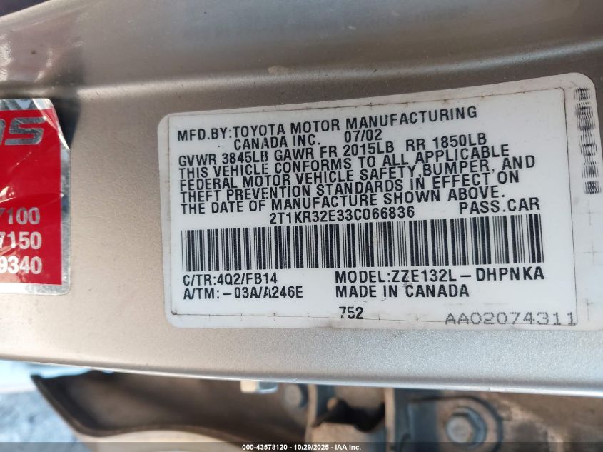 2003 Toyota Matrix Xr VIN: 2T1KR32E33C066836 Lot: 43578120