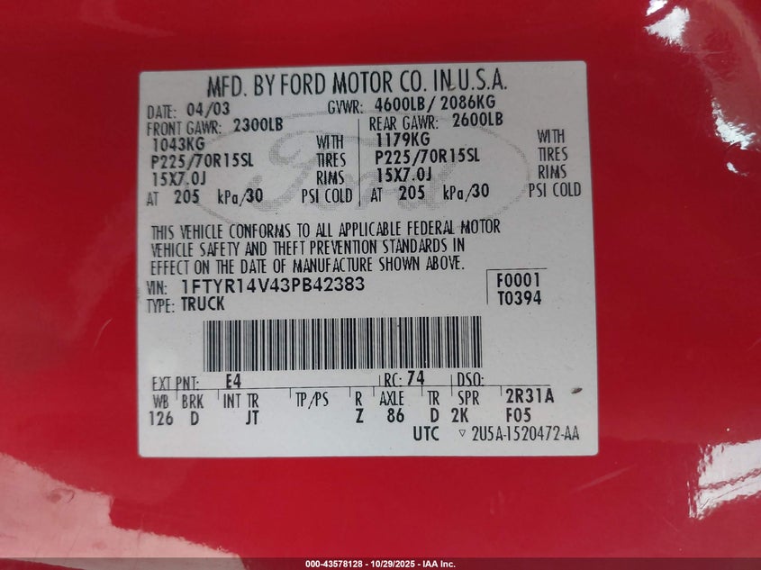 2003 Ford Ranger Edge/Tremor/Xl/Xlt VIN: 1FTYR14V43PB42383 Lot: 43578128