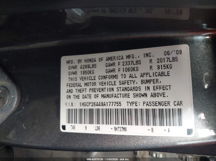 2009 Honda Accord 2.4 Lx-P VIN: 1HGCP26449A177755 Lot: 43578139