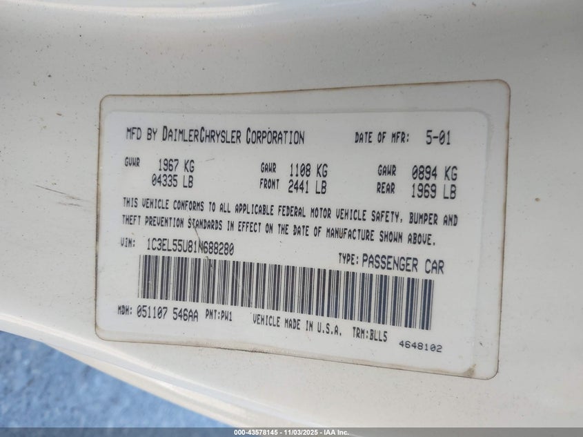 2001 Chrysler Sebring Lxi VIN: 1C3EL55U81N688280 Lot: 43578145