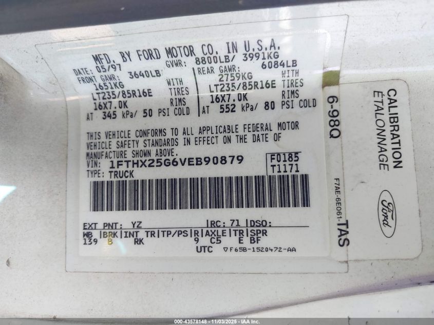 1997 Ford F-250 Xl VIN: 1FTHX25G6VEB90879 Lot: 43578148