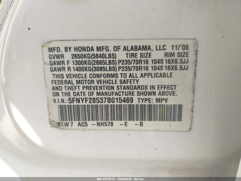 2007 Honda Pilot Ex-L VIN: 5FNYF28537B015469 Lot: 43578173