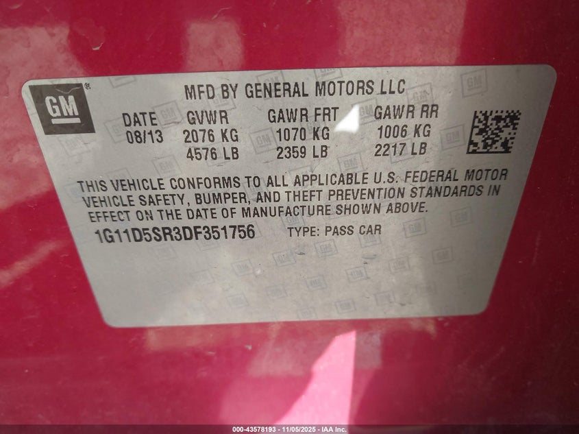 2013 Chevrolet Malibu Eco VIN: 1G11D5SR3DF351756 Lot: 43578193