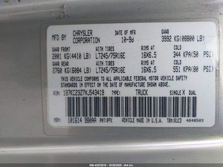 1999 Dodge Ram 2500 St VIN: 1B7KC23Z7XJ543419 Lot: 43578210