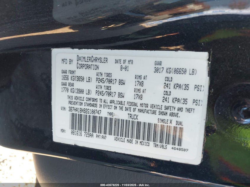 3B7HA18N92G100747 2002 DODGE RAM photo no. 9