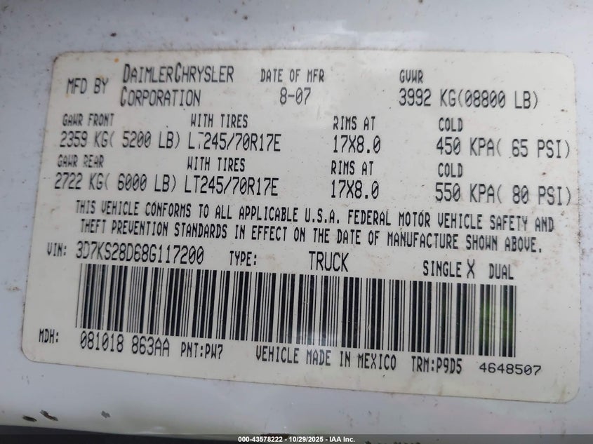 2008 Dodge Ram 2500 St/Sxt VIN: 3D7KS28D68G117200 Lot: 43578222