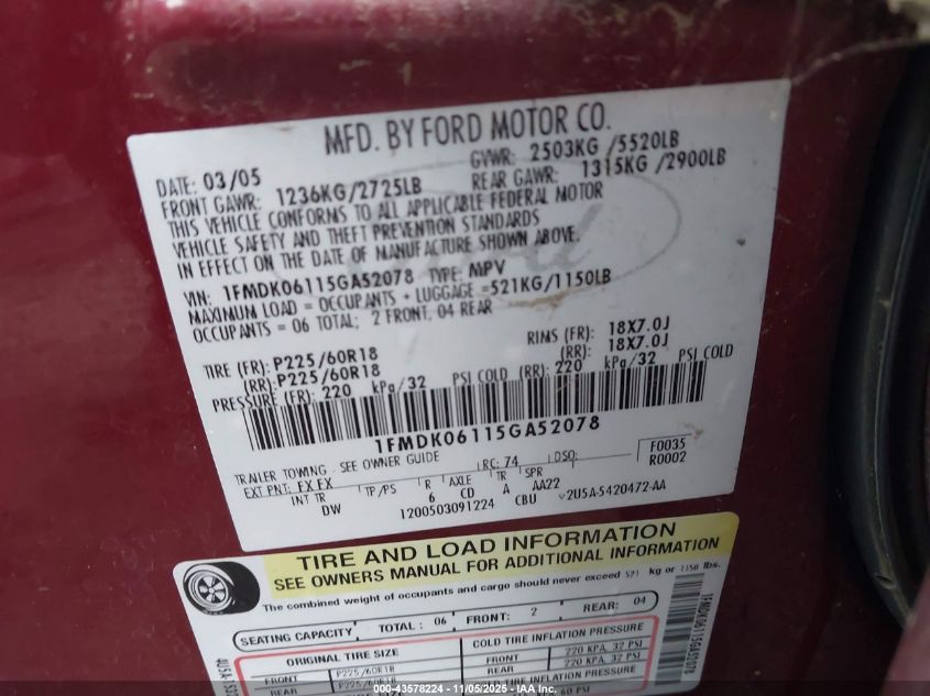 2005 Ford Freestyle Limited VIN: 1FMDK06115GA52078 Lot: 43578224