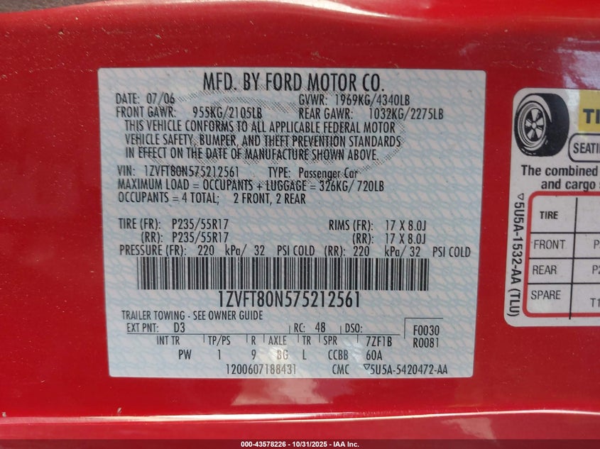 2007 Ford Mustang V6 Deluxe/V6 Premium VIN: 1ZVFT80N575212561 Lot: 43578226