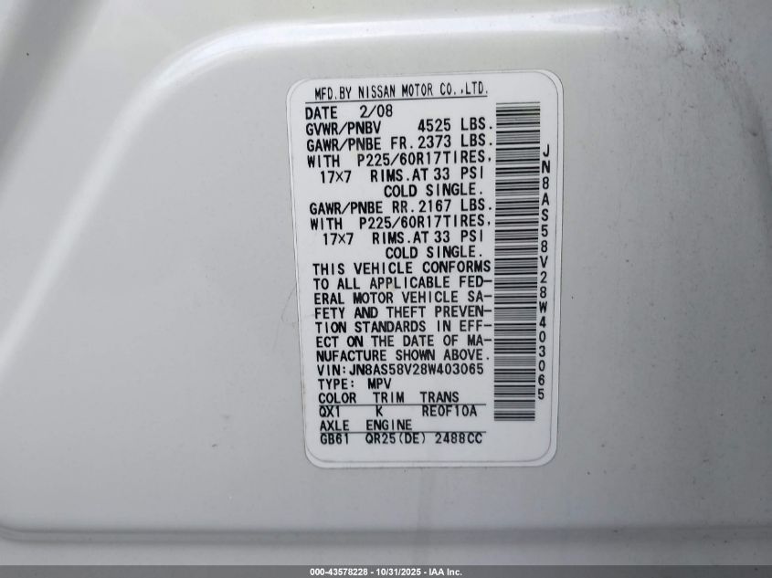 2008 Nissan Rogue Sl VIN: JN8AS58V28W403065 Lot: 43578228