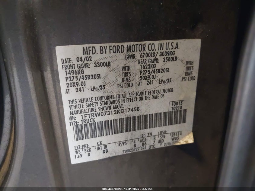 2002 Ford F-150 Lariat VIN: 1FTRW07312KD17458 Lot: 43578229