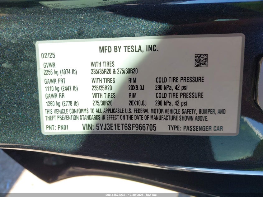 2025 Tesla Model 3 Performance VIN: 5YJ3E1ET6SF966705 Lot: 43578233