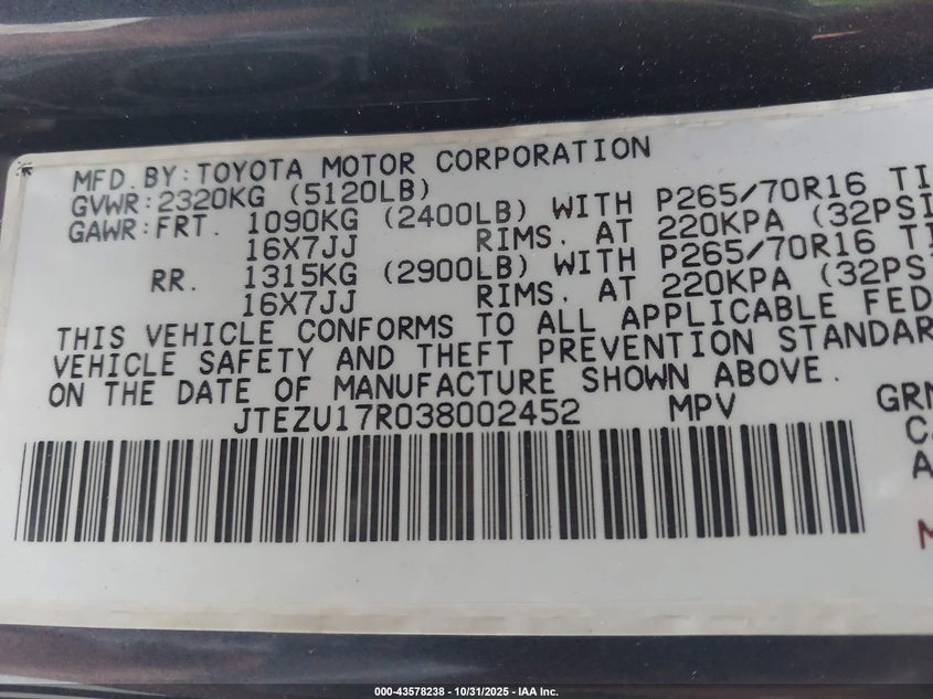 JTEZU17R038002452 2003 TOYOTA 4RUNNER photo no. 9