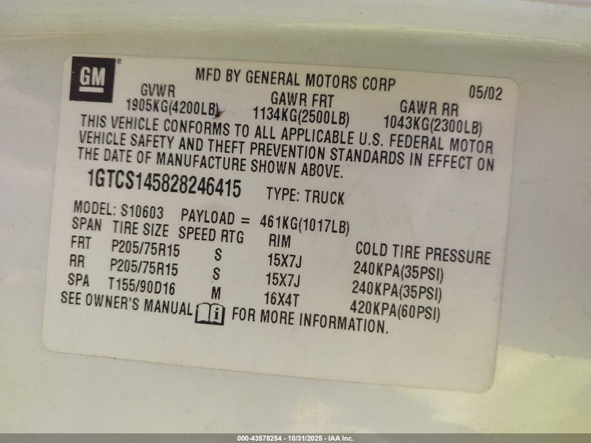 2002 GMC Sonoma Sl VIN: 1GTCS145828246415 Lot: 43578254