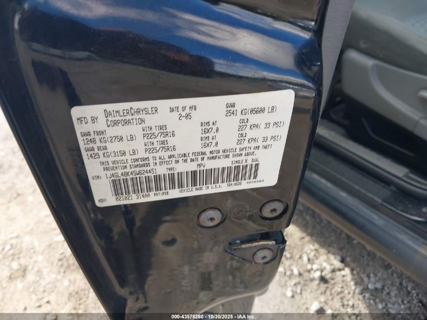 2005 Jeep Liberty Sport VIN: 1J4GL48K45W624451 Lot: 43578260