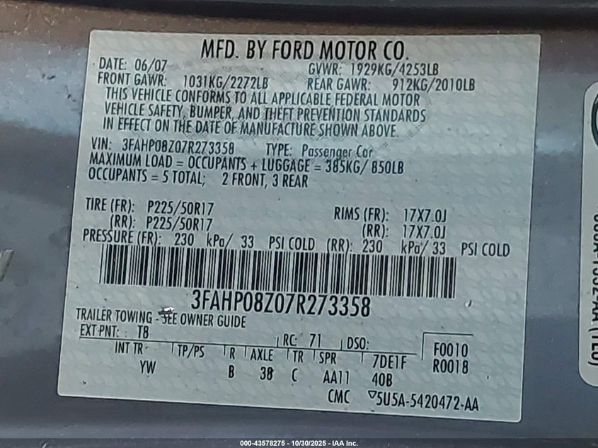 2007 Ford Fusion Sel VIN: 3FAHP08Z07R273358 Lot: 43578275
