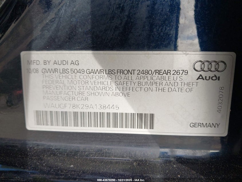 2009 Audi A4 2.0T Avant VIN: WAUGF78K29A138445 Lot: 43578290