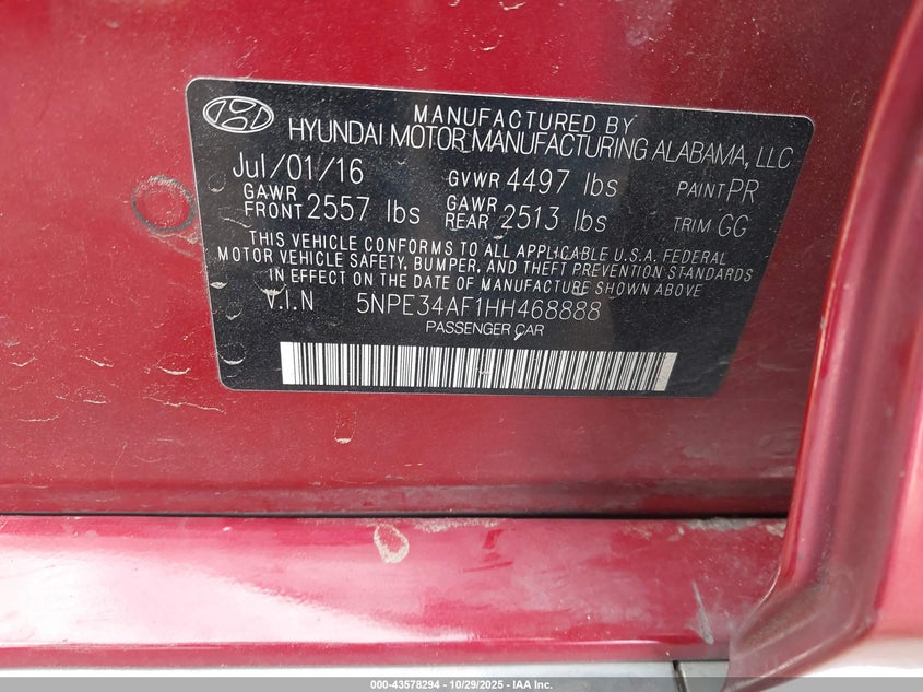 5NPE34AF1HH468888 2017 HYUNDAI SONATA photo no. 9