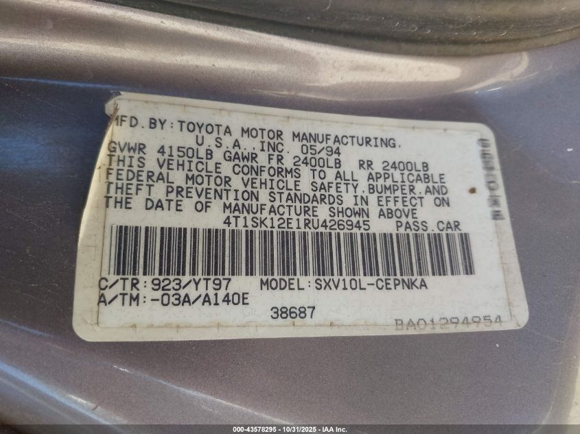 1994 Toyota Camry Le VIN: 4T1SK12E1RU426945 Lot: 43578295