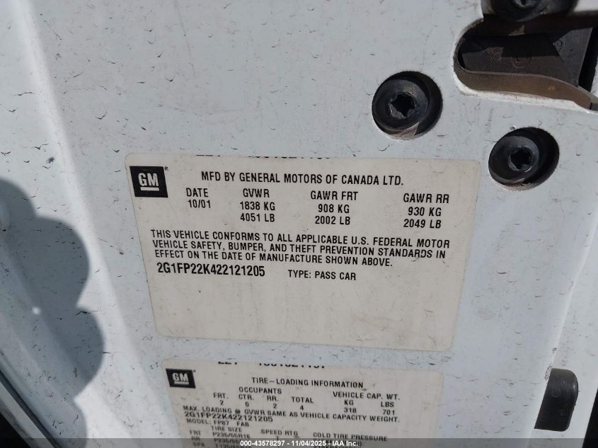 2002 Chevrolet Camaro VIN: 2G1FP22K422121205 Lot: 43578297