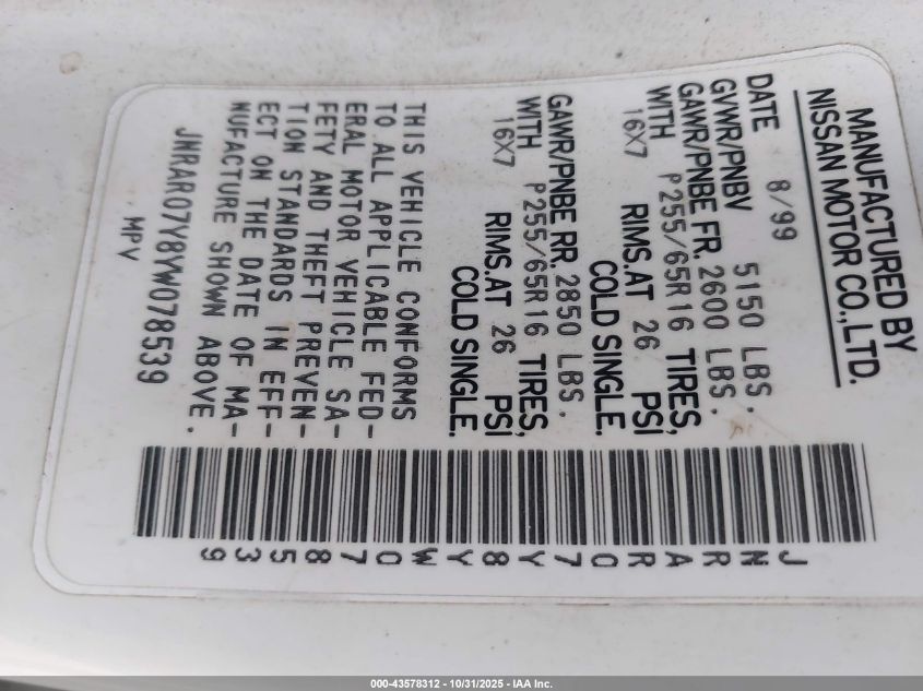 2000 Infiniti Qx4 VIN: JNRAR07Y8YW078539 Lot: 43578312