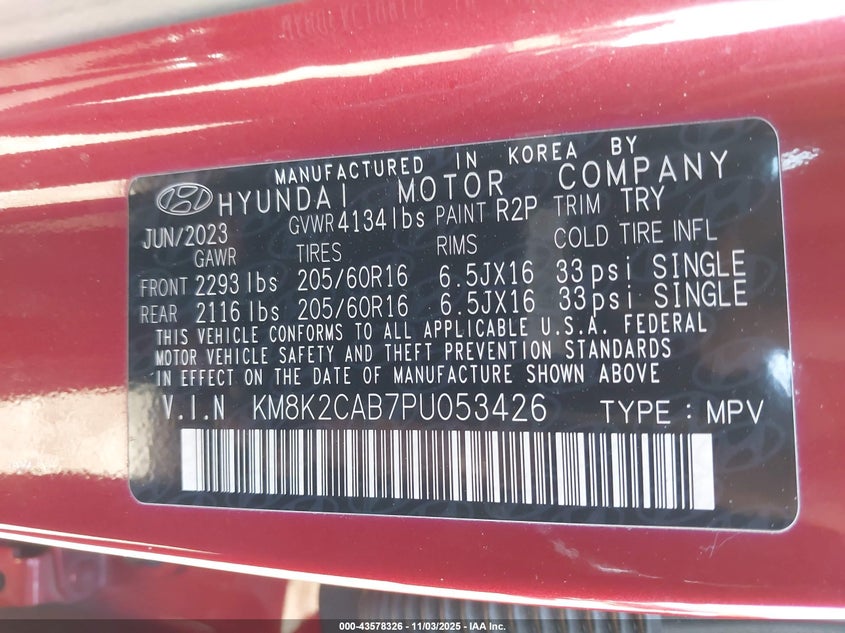 2023 HYUNDAI KONA SE KM8K2CAB7PU053426