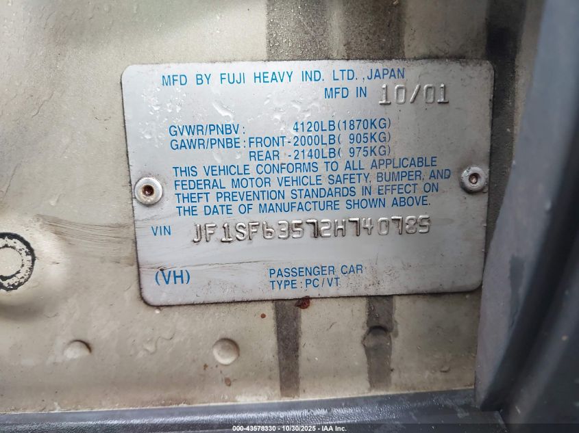 2002 Subaru Forester L VIN: JF1SF63572H740785 Lot: 43578330