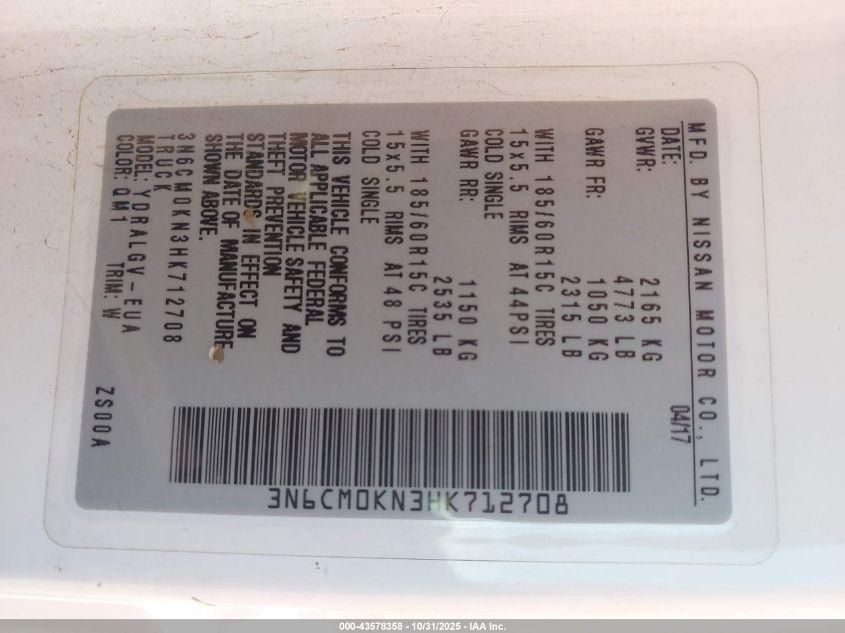 2017 Nissan Nv200 Sv VIN: 3N6CM0KN3HK712708 Lot: 43578358