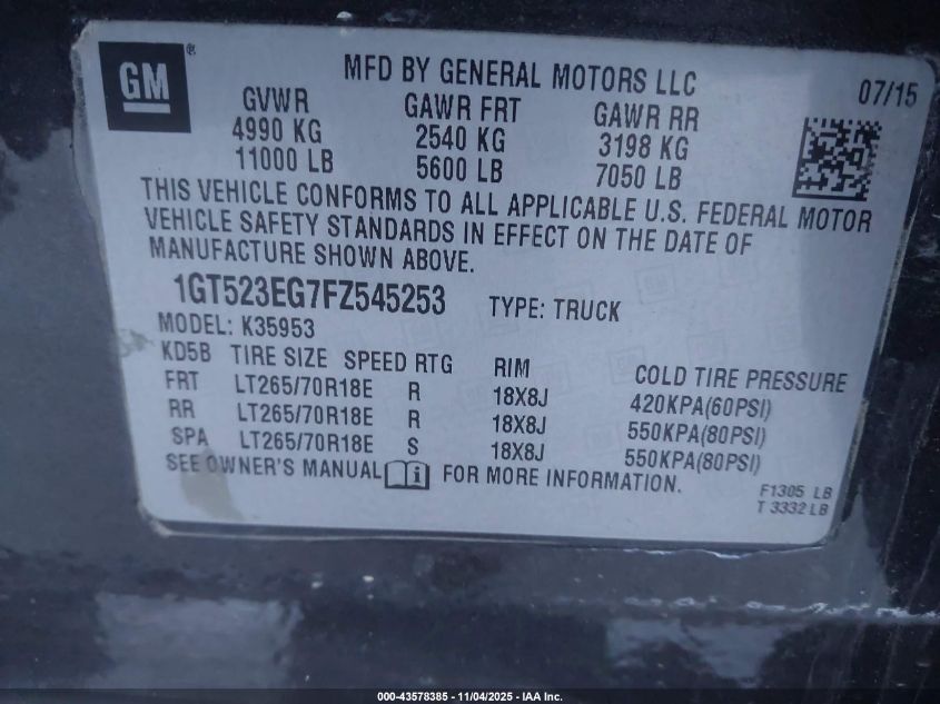 2015 GMC Sierra 3500Hd Slt VIN: 1GT523EG7FZ545253 Lot: 43578385