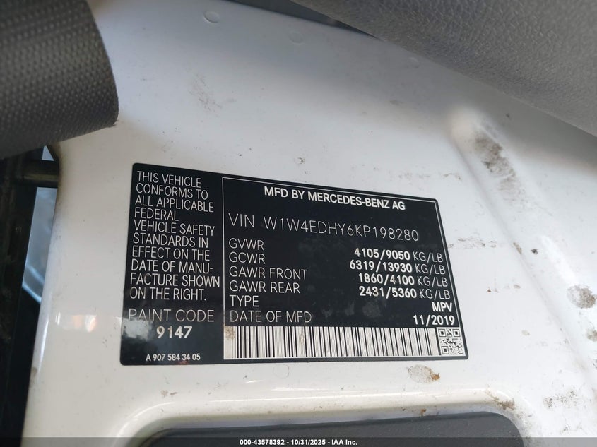 2019 Mercedes-Benz Sprinter 2500 High Roof V6 VIN: W1W4EDHY6KP198280 Lot: 43578392