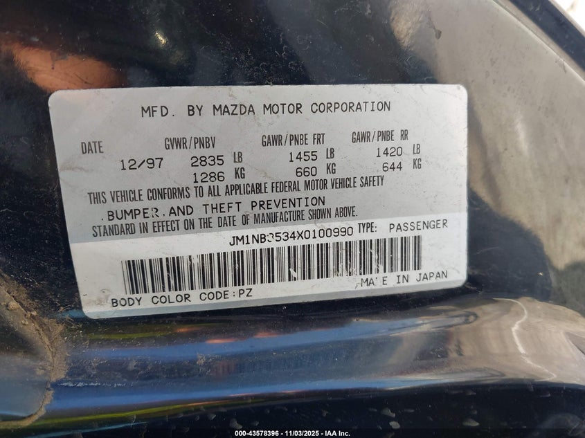 1999 Mazda Mx-5 Miata Leather Pkg/Popular Equipment Pkg/Sports Pkg/Touring Pkg VIN: JM1NB3534X0100990 Lot: 43578396