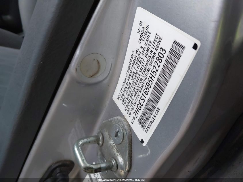 2005 Honda Civic Lx VIN: 2HGES16595H522803 Lot: 43578401