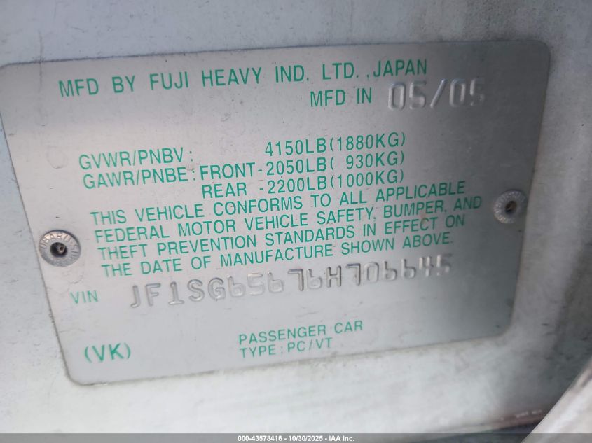 2006 Subaru Forester 2.5X VIN: JF1SG65676H706645 Lot: 43578416