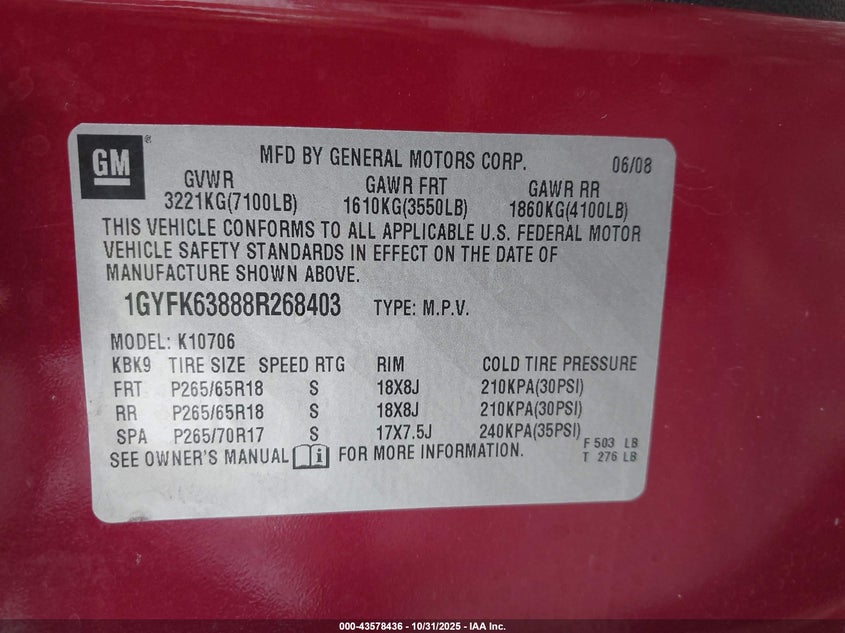 2008 Cadillac Escalade Standard VIN: 1GYFK63888R268403 Lot: 43578436